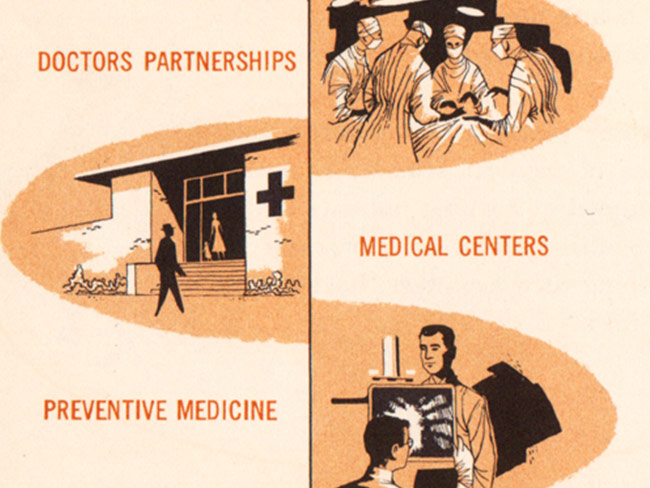 Illustration showing doctor partnerships, preventive medicine, and medical centers