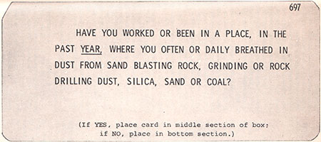 card asking if the patient has worked in an area with a lot of dust in the past year