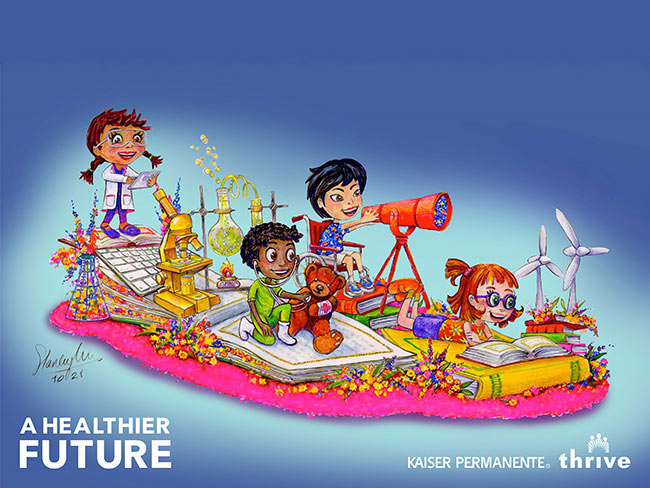illustration of parade float featuring children engaged in various educational activities