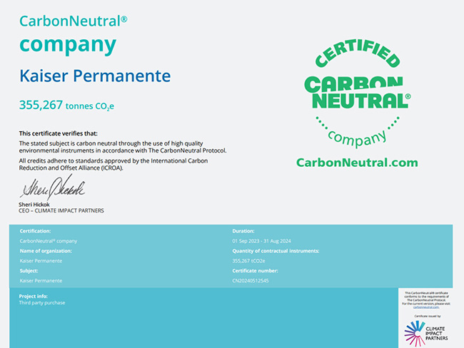 CarbonNeutral company certificate for Kaiser Permanente