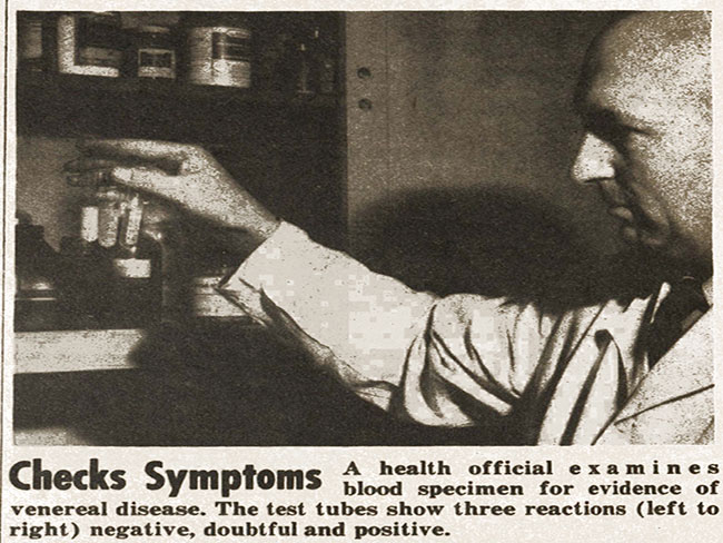 1944 newspaper clipping with image of doctor performing a blood test.