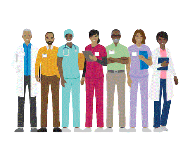 Illustration of a group of medical professionals including doctors, nurses, and clinicians. 