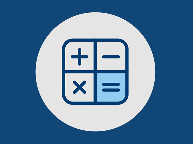 A blue and white icon of a calculator featuring addition, subtraction, multiplication, and equal signs.