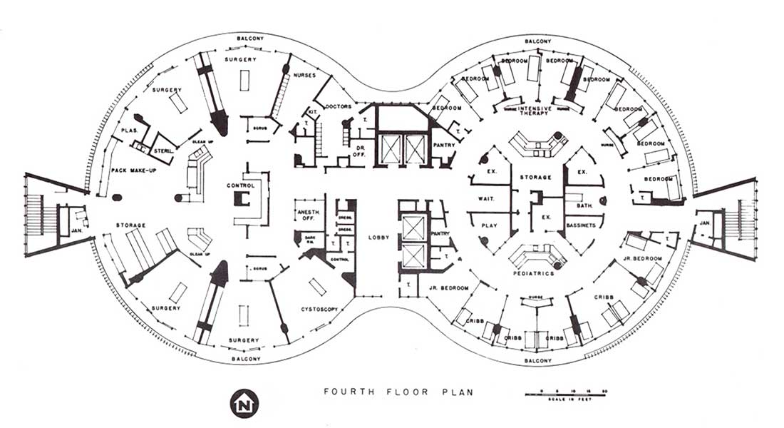 blueprint of the fourth floor plan of the Kaiser Foundation Hospital at Panorama City
