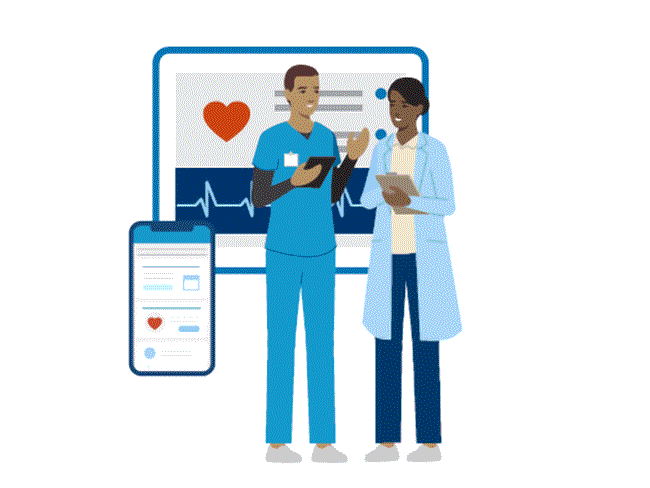 Illustration of a male nurse and a female doctor. There's a large medical chart with a mobile phone in the background as a backdrop.