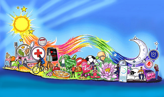 Illustration of a parade float featuring a sun at one end and a moon at the other, with various healthy activities in between. 