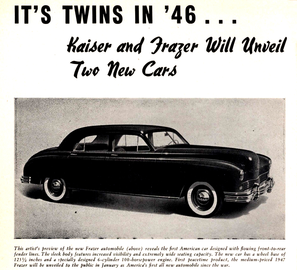 Promo with illustration of a 1950's car with text 'Kaiser and Frazer Will Unveil Two New Cars'