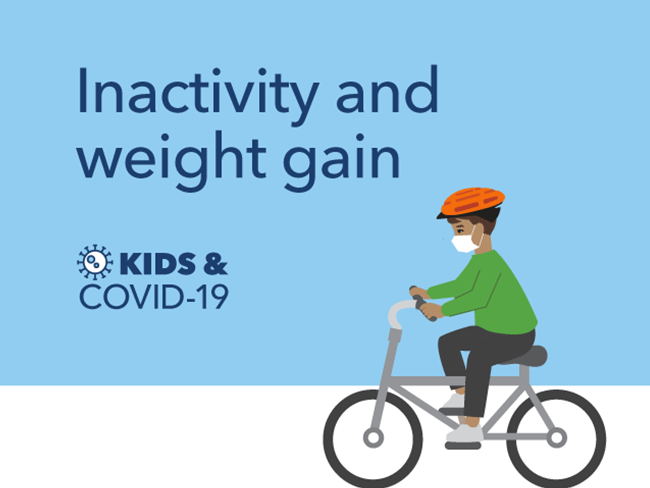 Illustration of a boy riding a bike with text: Inactivity and weight gain - Kids and COVID-19