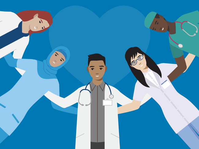 Illustration of employees and physicians in front of a blue heart