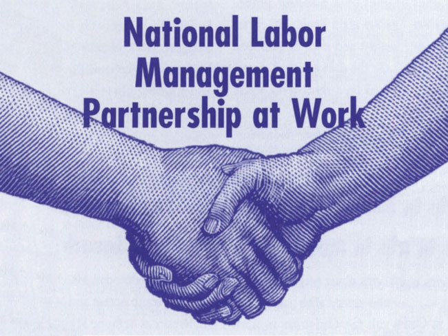 Illustration of 2 people shaking hands with words National Labor Management Partnership at Work