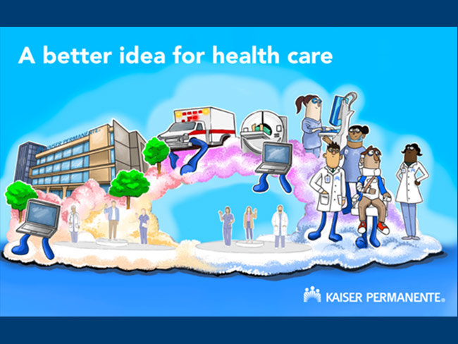 Illustration of Kaiser Permanente's 2026 Rose Parade float. depicts a journey that begins in a medical office and continues through the support of a coordinated care team — including doctors, nurses, and other health professionals.
