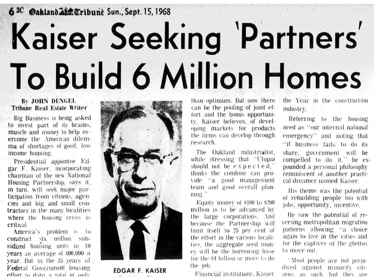 Newspaper article describing Edgar Kaiser’s plans for affordable housing, September 15, 1968.