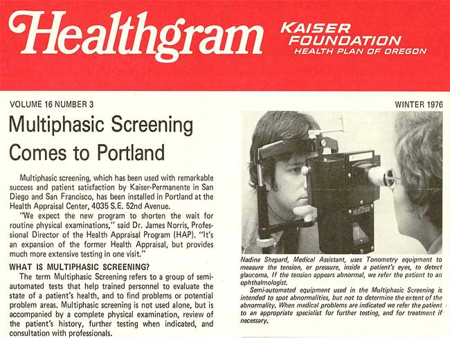 1976 clipping from the Kaiser Foundation Health Plan of Oregon's newsletter Healthgram with the headline 'Multiphasic Screening Comes to Portland.'