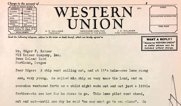 A Western Union telegram from Henry J. Kaiser to his son, Edgar.