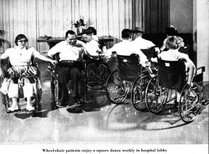 Wheelchair square dance, from Kabat-Kaiser article in Collier’s Weekly.