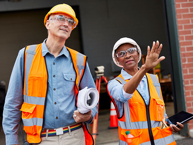 A pair of architects in helmets and vests at a work site