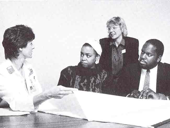 The Kaiser Permanente Bridge Committee, a multi-cultural group of 2 men and 2 women, in a meeting in 1988.