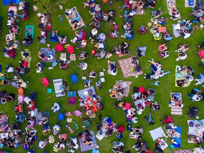 overhead view of many people sitting on a lawn having a picnic