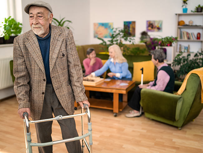 Senior man standing with assistance of a walker