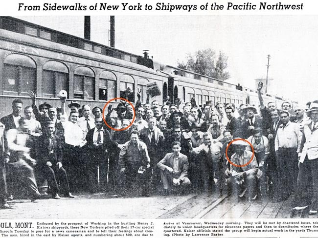 1942 newspaper clipping with image of Kaiser shipyard worker hires from New York en route to Portland.