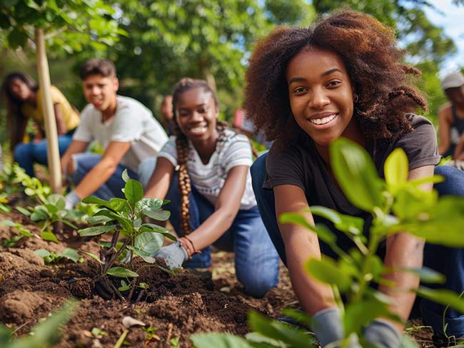 Diverse group of young people gardening and planting trees.