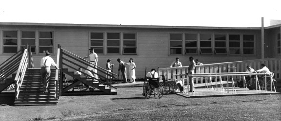 Outdoor physical therapy at Kabat-Kaiser, Vallejo, circa 1960