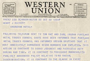 Telegram from the president of the American Federation of Labor's Metal Trades Department about labor issue involving black workers in Portland yards.