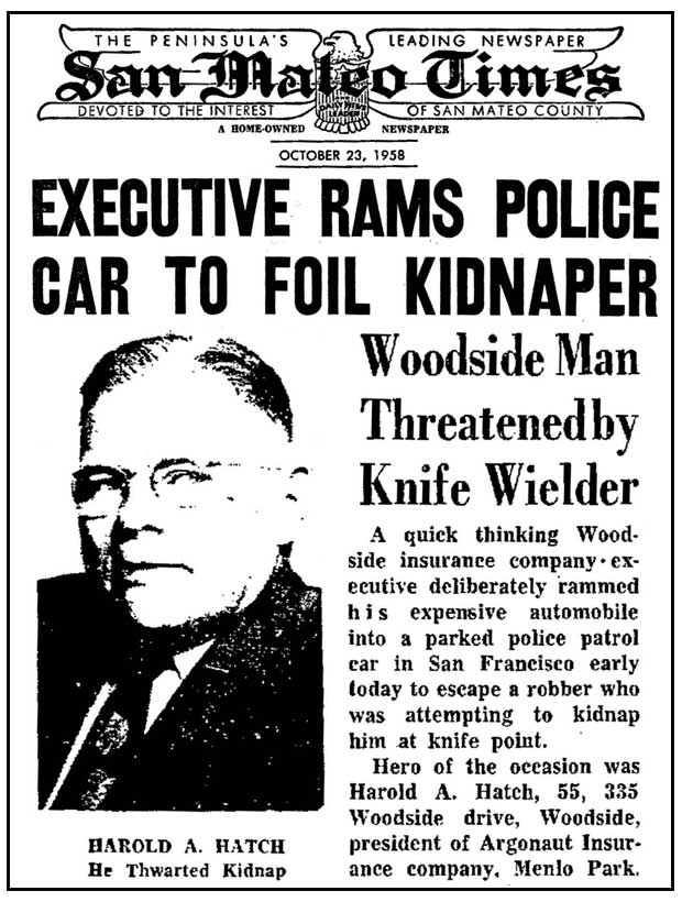 Newspaper account of Harold Hatch fending off a carjacking, 1958