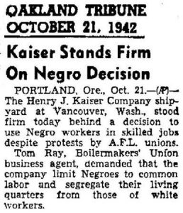 Newspaper clipping from 1942 with headline Kaiser Stands Firm On Negro Decision