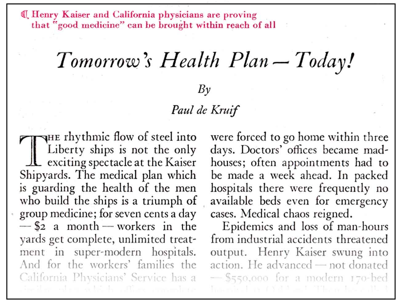 Clipping from Reader's Digest article titled 'Tomorrow’s Health Plan — Today!'
