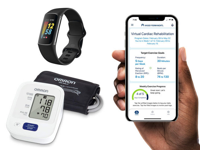 Tools for virtual cardiac rehab: fitness tracker, blood pressure monitor, and health app on a smartphone.