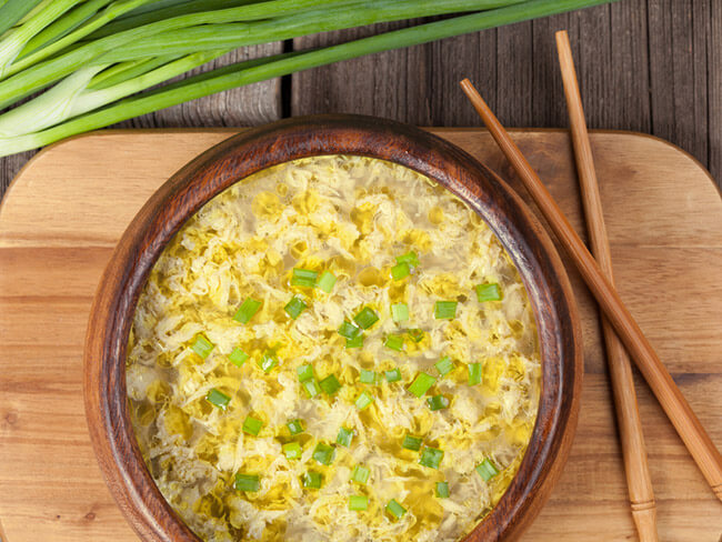  egg drop soup with scallions corn and garlic
