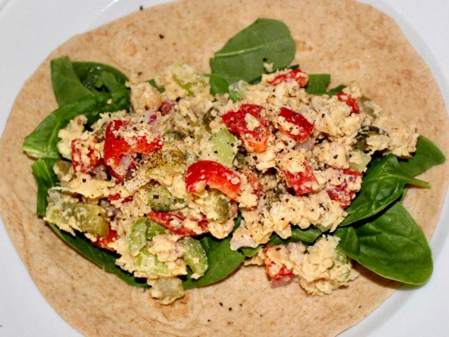 Chickpea salad served on whole grain tortilla