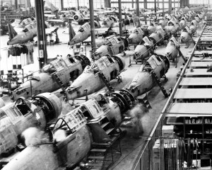 Corsairs in production line at Brewster Aeronautical, circa 1943.