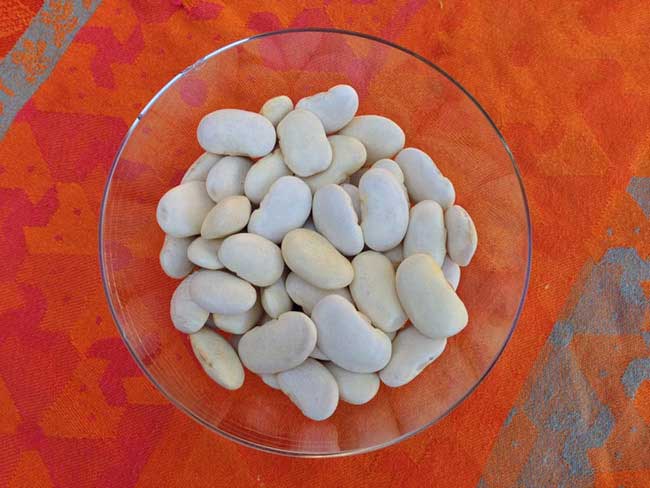 Glass bowl containing large dry white beans on a red table cloth.