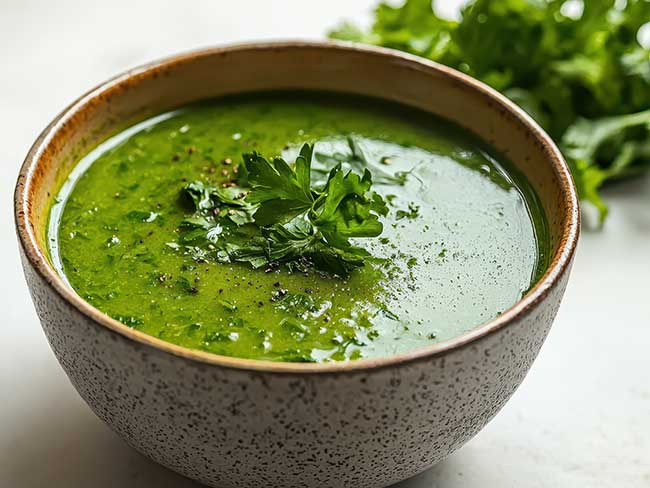 Fresh green soup served in a rustic bowl on a plain white background