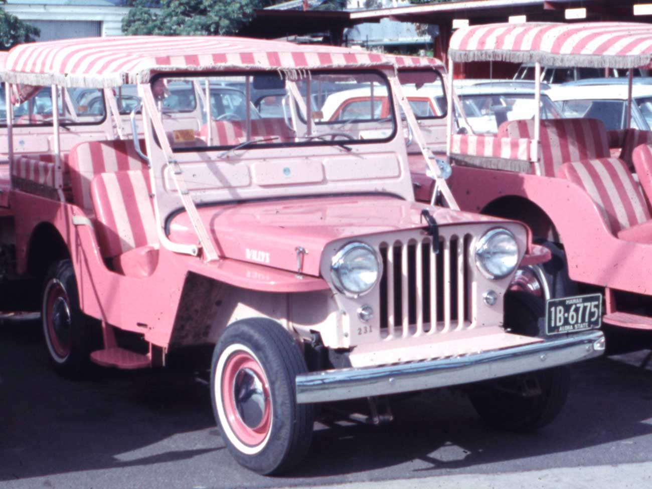 Pink Jeep Surrey with pink and white striped seats and fringed top 