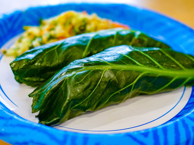 Spring roll wrapped in collard green leaves on a paper plate