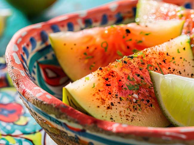 Fresh watermelon slices with chili powder and lime on a colorful ceramic plate
