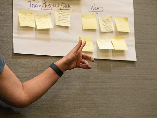 A person pointing to a whiteboard with sticky notes during a bargaining session. 