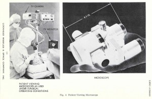 Black and white journal clipping with image of a surgeon using a patient viewing microscope during a procedure.