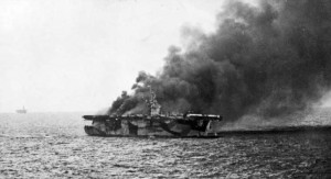 USS St. Lo burns after being hit by a Kamikaze plane, 1944