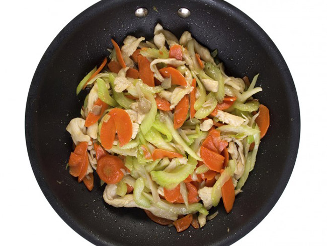 wok with chopped vegetables and chicken.